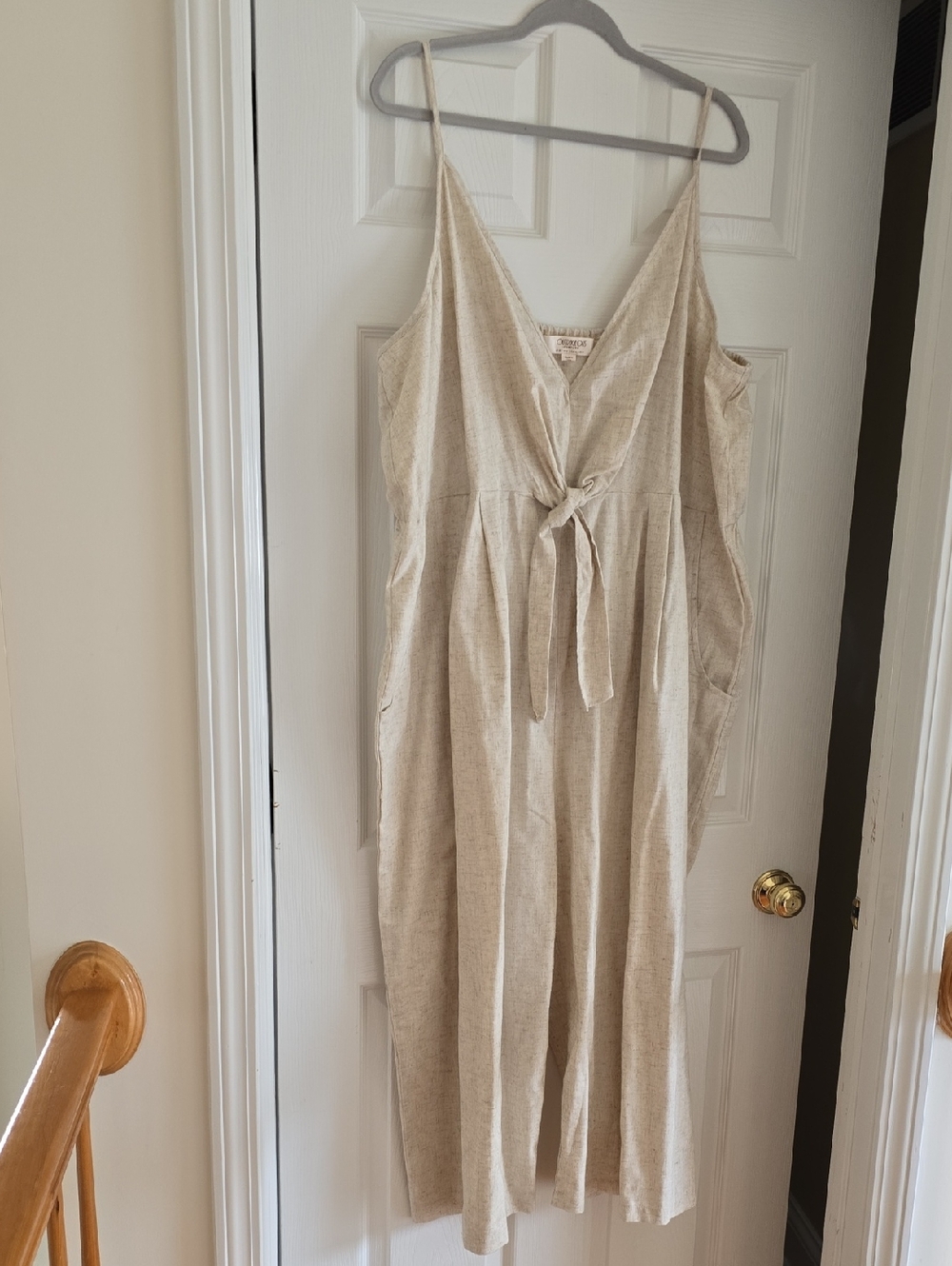Neutral Beige Wide-Leg Jumpsuit with Tie Front